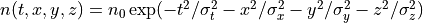 n(t,x,y,z) = n_0 \exp(-t^2/\sigma_t^2 - x^2/\sigma_x^2 - y^2/\sigma_y^2 - z^2/\sigma_z^2)