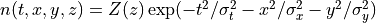 n(t,x,y,z) = Z(z)\exp(-t^2/\sigma_t^2 - x^2/\sigma_x^2 - y^2/\sigma_y^2)