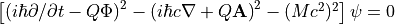 \left[\left(i\hbar\partial/\partial t - Q\Phi\right)^2 - \left(i\hbar c\nabla + Q{\bf A}\right)^2 - (Mc^2)^2\right]\psi = 0
