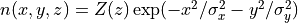 n(x,y,z) = Z(z)\exp(-x^2/\sigma_x^2 - y^2/\sigma_y^2)